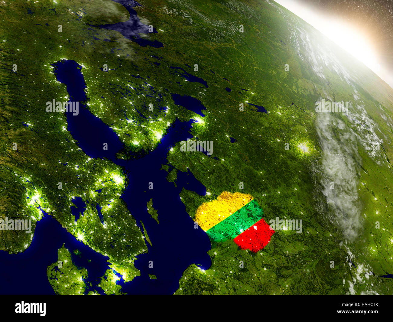 Lithuania with embedded flag on planet surface during sunrise. 3D ...