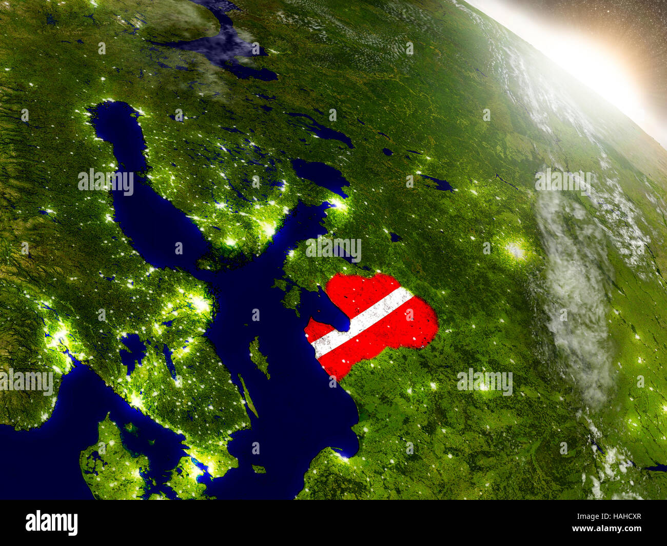Latvia with embedded flag on planet surface during sunrise. 3D ...