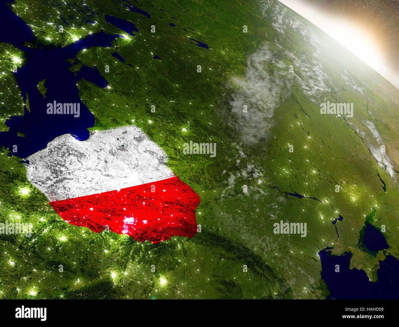 Poland with embedded flag on planet surface during sunrise. 3D ...