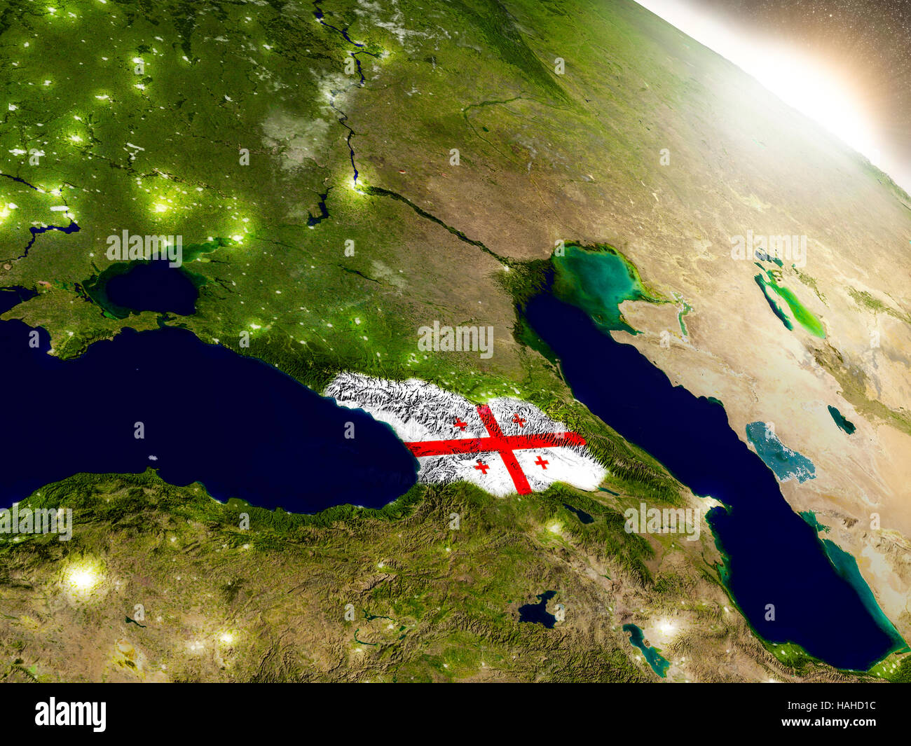 Georgia with embedded flag on planet surface during sunrise. 3D ...