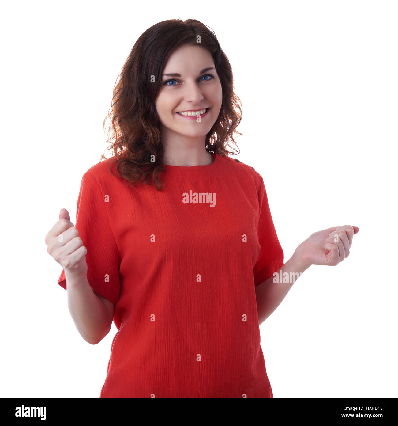 Smiling young woman over white isolated background Stock Photo - Alamy