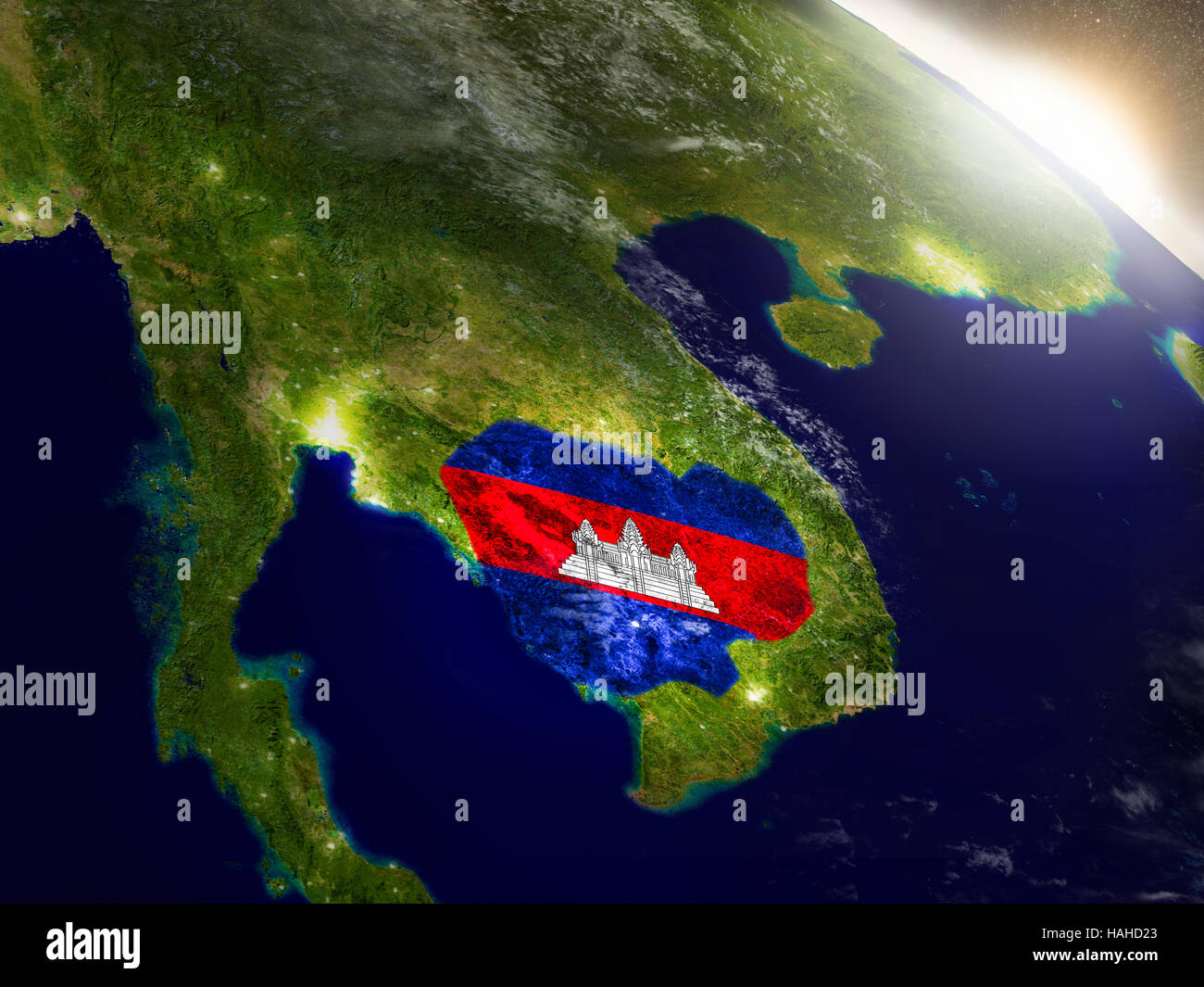 Cambodia with embedded flag on planet surface during sunrise. 3D ...
