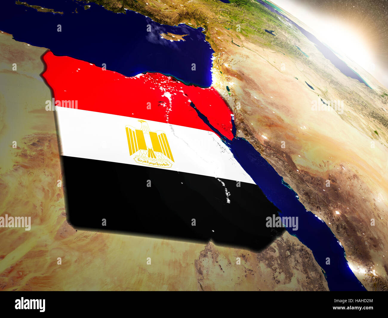 Egypt with embedded flag on planet surface during sunrise. 3D ...