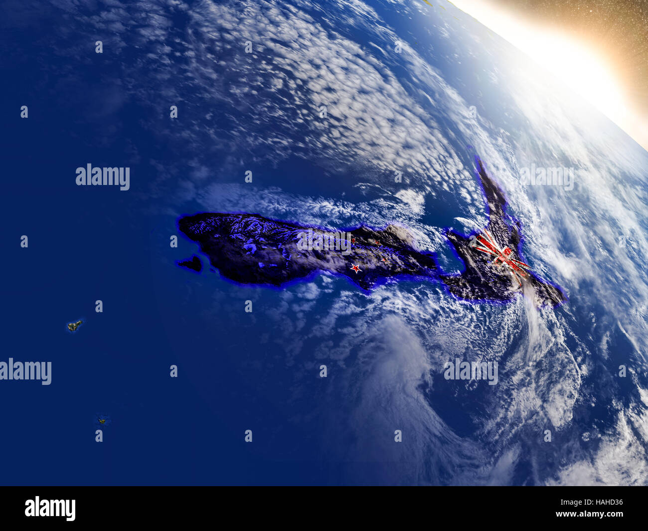 New Zealand with embedded flag on planet surface during sunrise. 3D ...