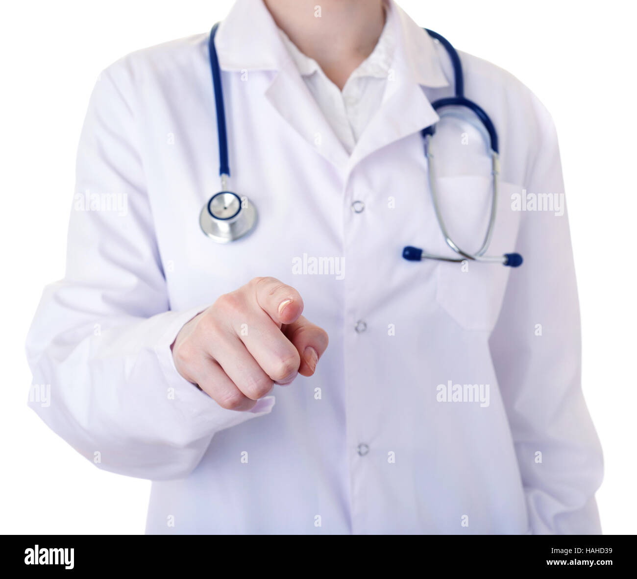 Female doctor assistant in white coat over isolated background Stock Photo