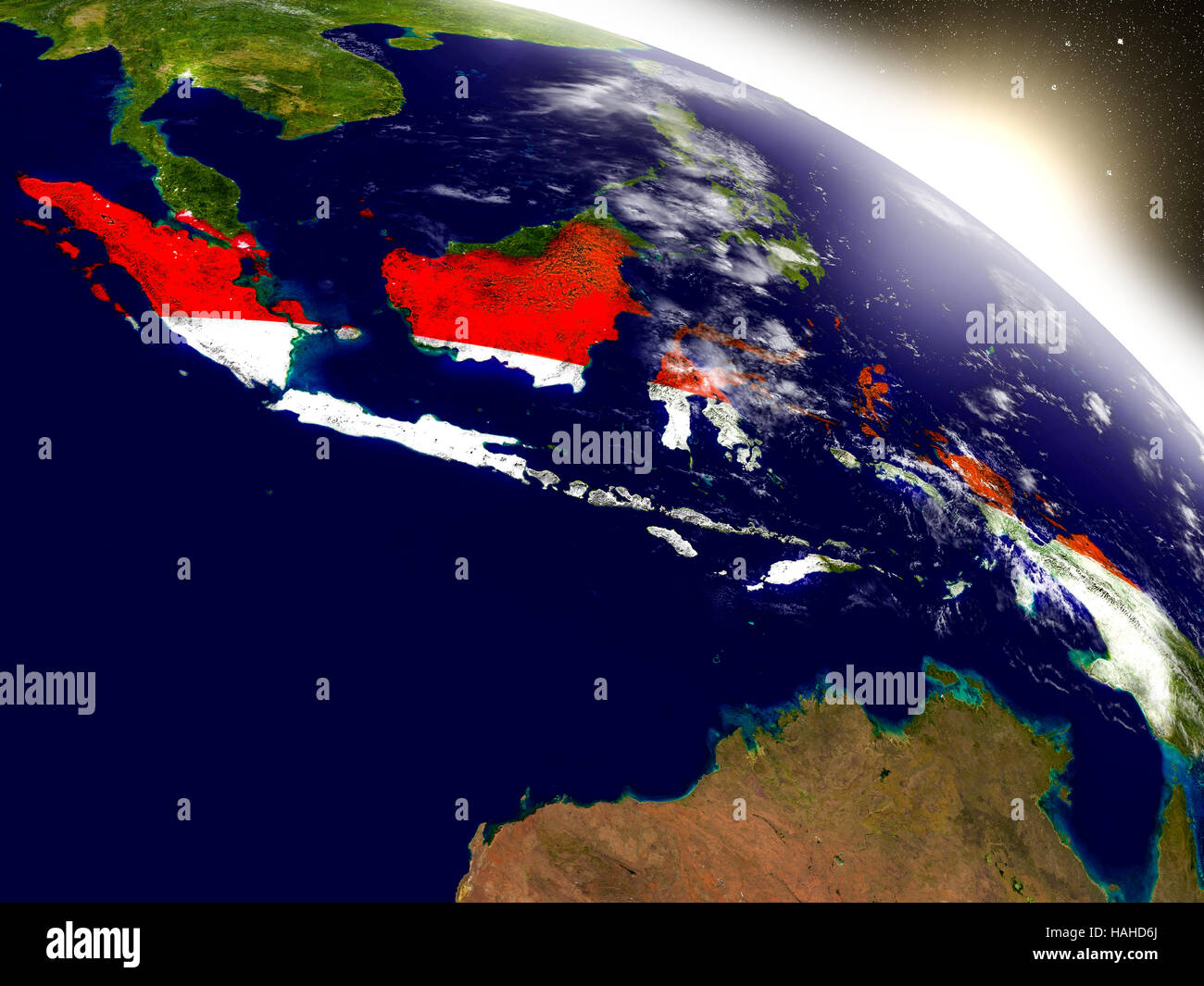 Indonesia with embedded flag on planet surface during sunrise. 3D ...