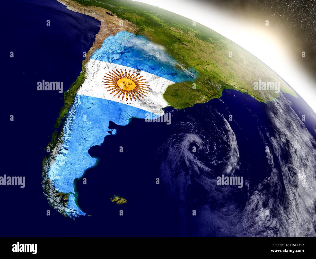 Argentina with embedded flag on planet surface during sunrise. 3D ...