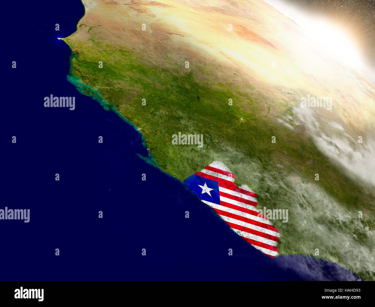 Liberia with embedded flag on planet surface during sunrise. 3D ...