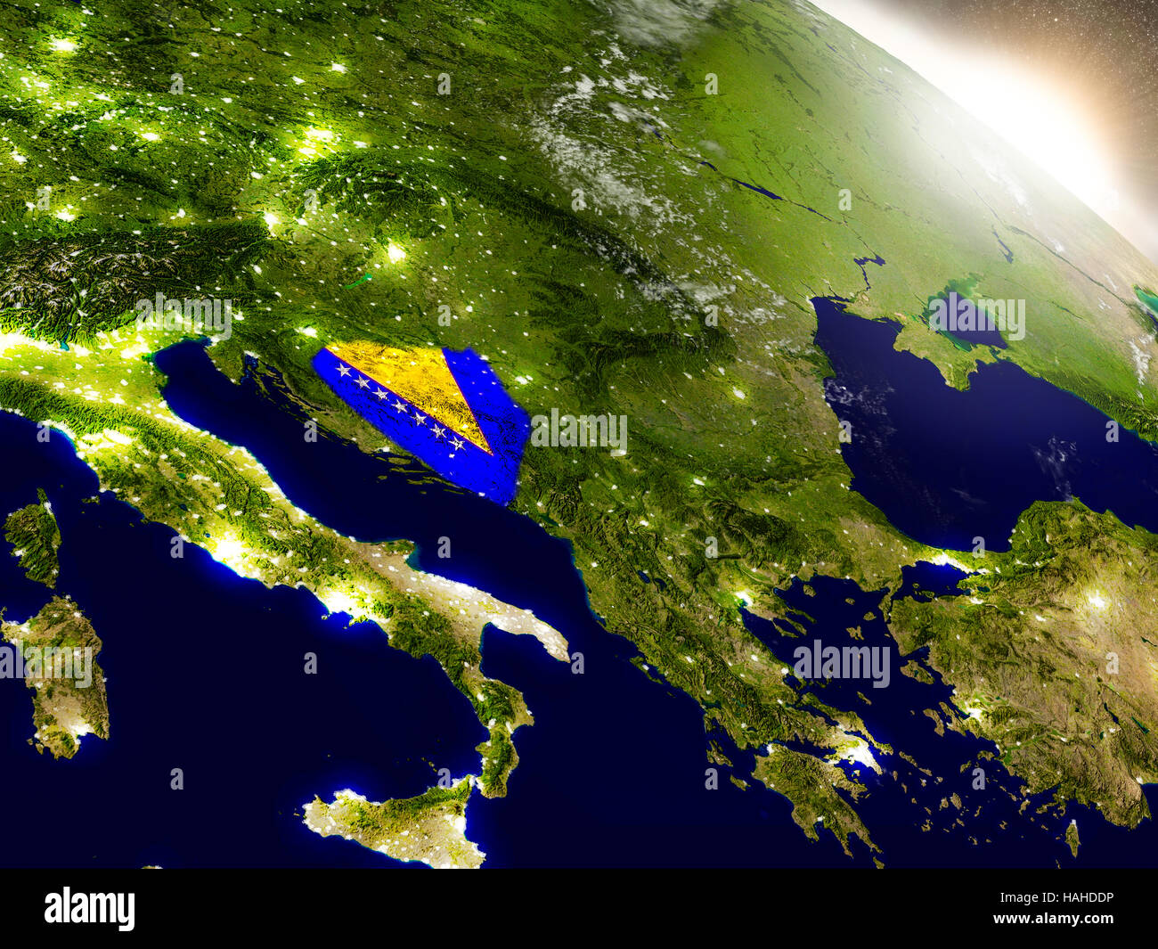 Bosnia with embedded flag on planet surface during sunrise. 3D ...
