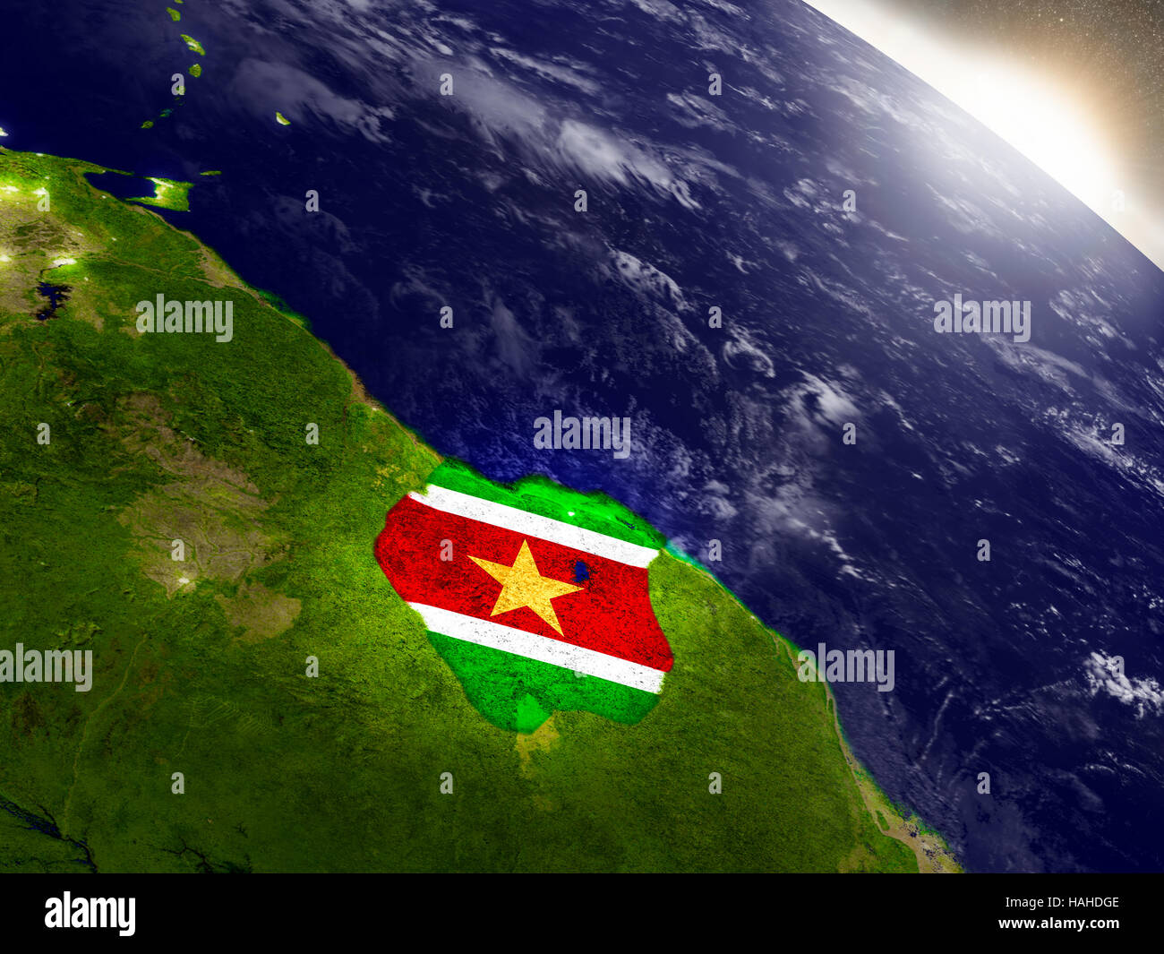 Suriname with embedded flag on planet surface during sunrise. 3D ...