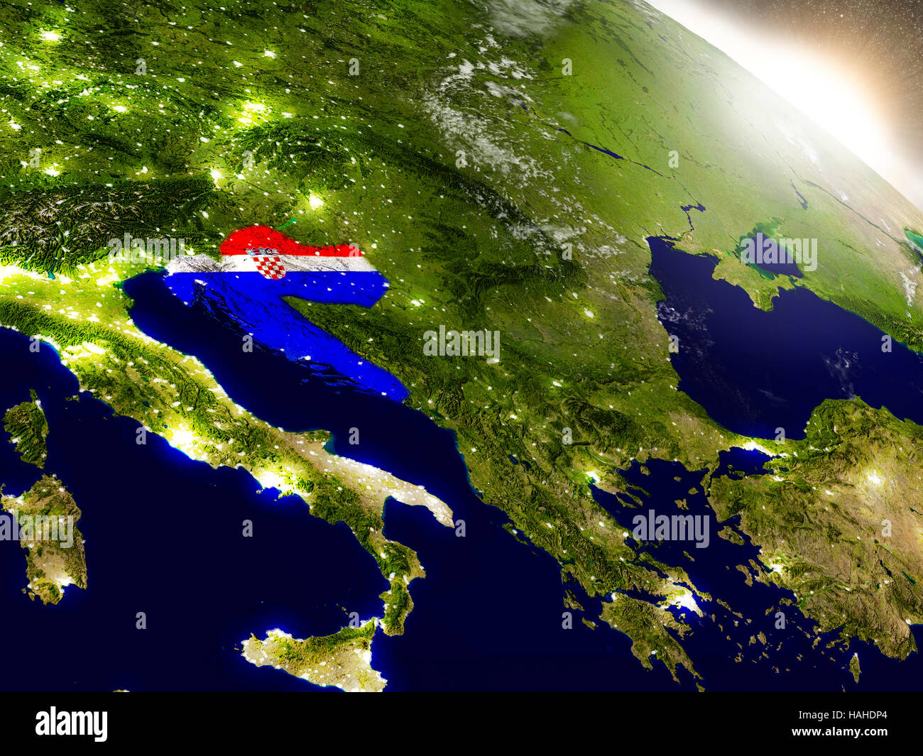 Croatia with embedded flag on planet surface during sunrise. 3D ...