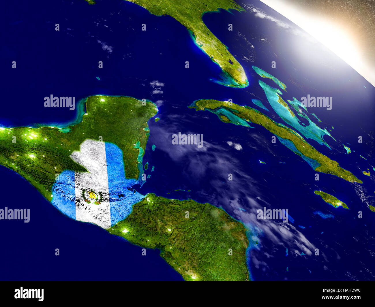 Guatemala with embedded flag on planet surface during sunrise. 3D ...
