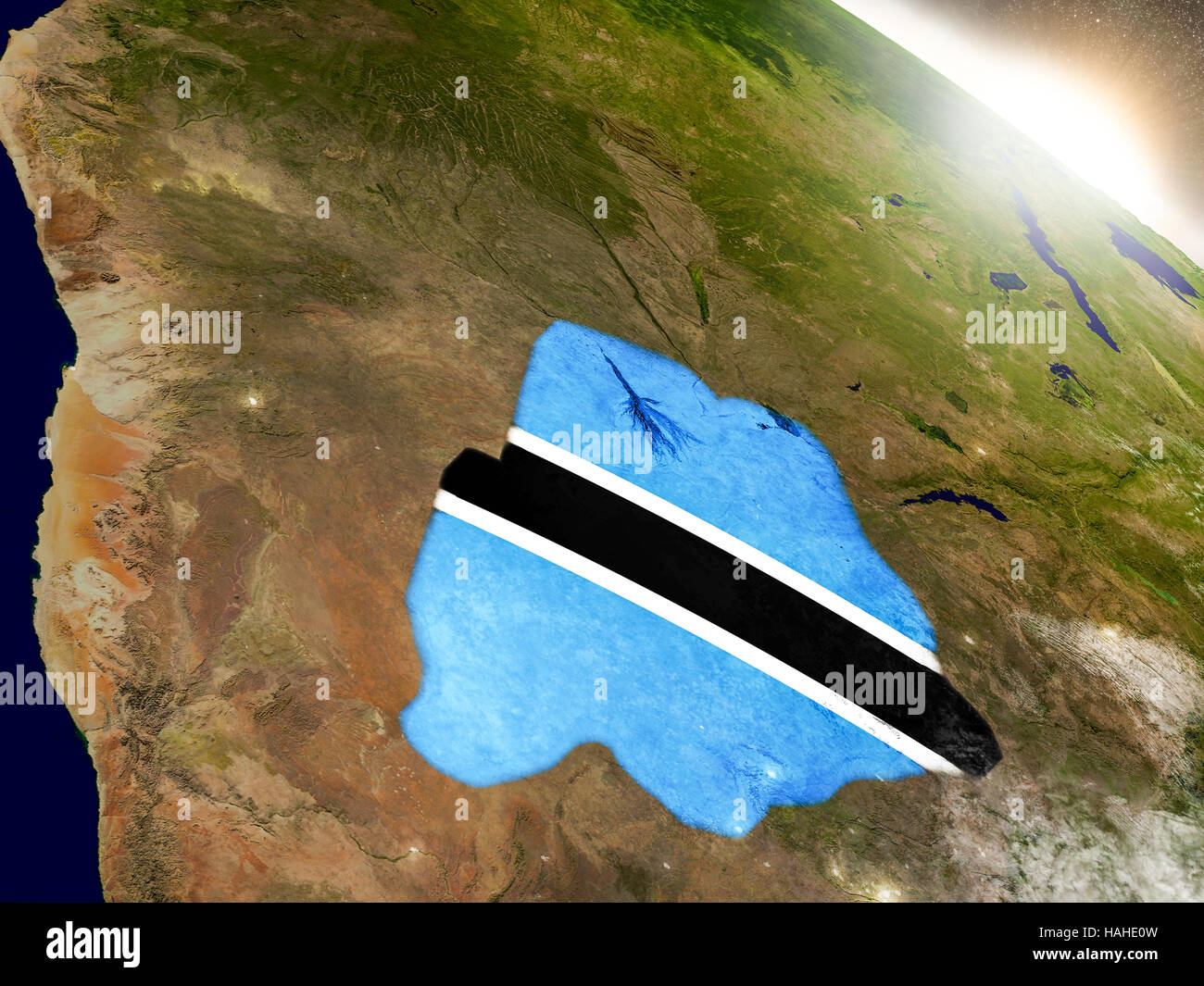 Botswana with embedded flag on planet surface during sunrise. 3D ...