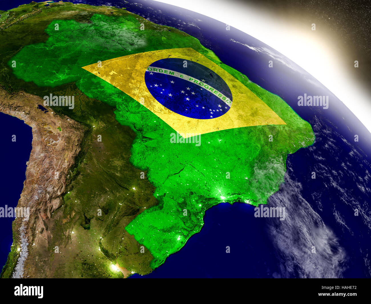 Brazil with embedded flag on planet surface during sunrise. 3D ...