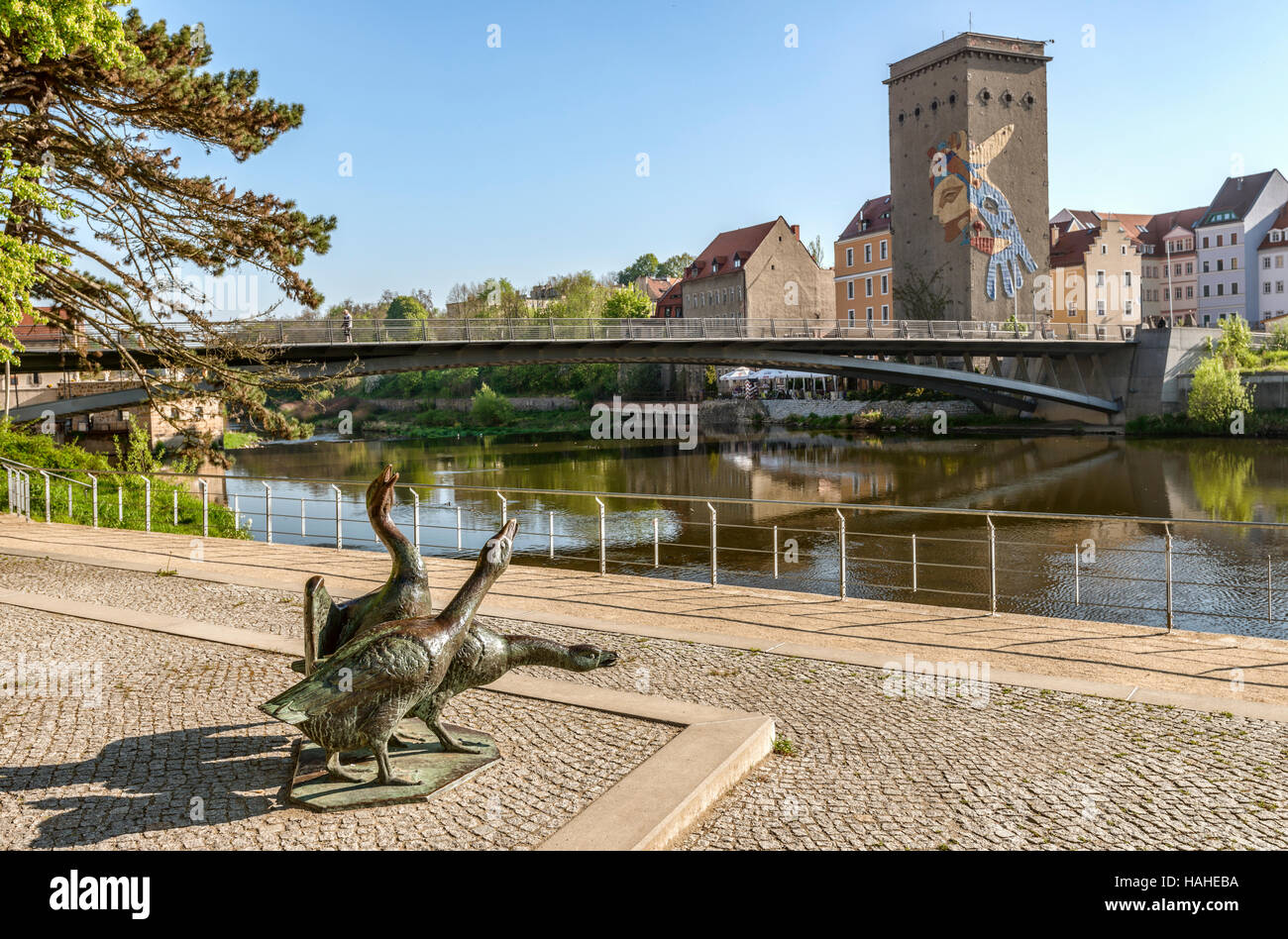 Altstadtbrücke across the Neisse River and border to Poland, Goerlitz, Saxony, Germany Stock Photo