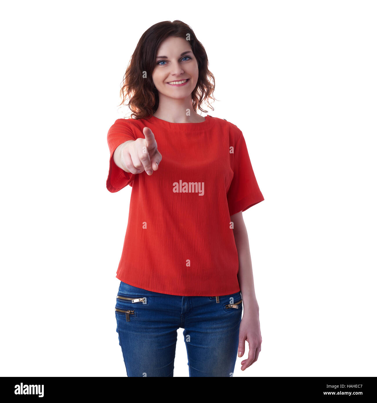 Smiling young woman over white isolated background Stock Photo - Alamy