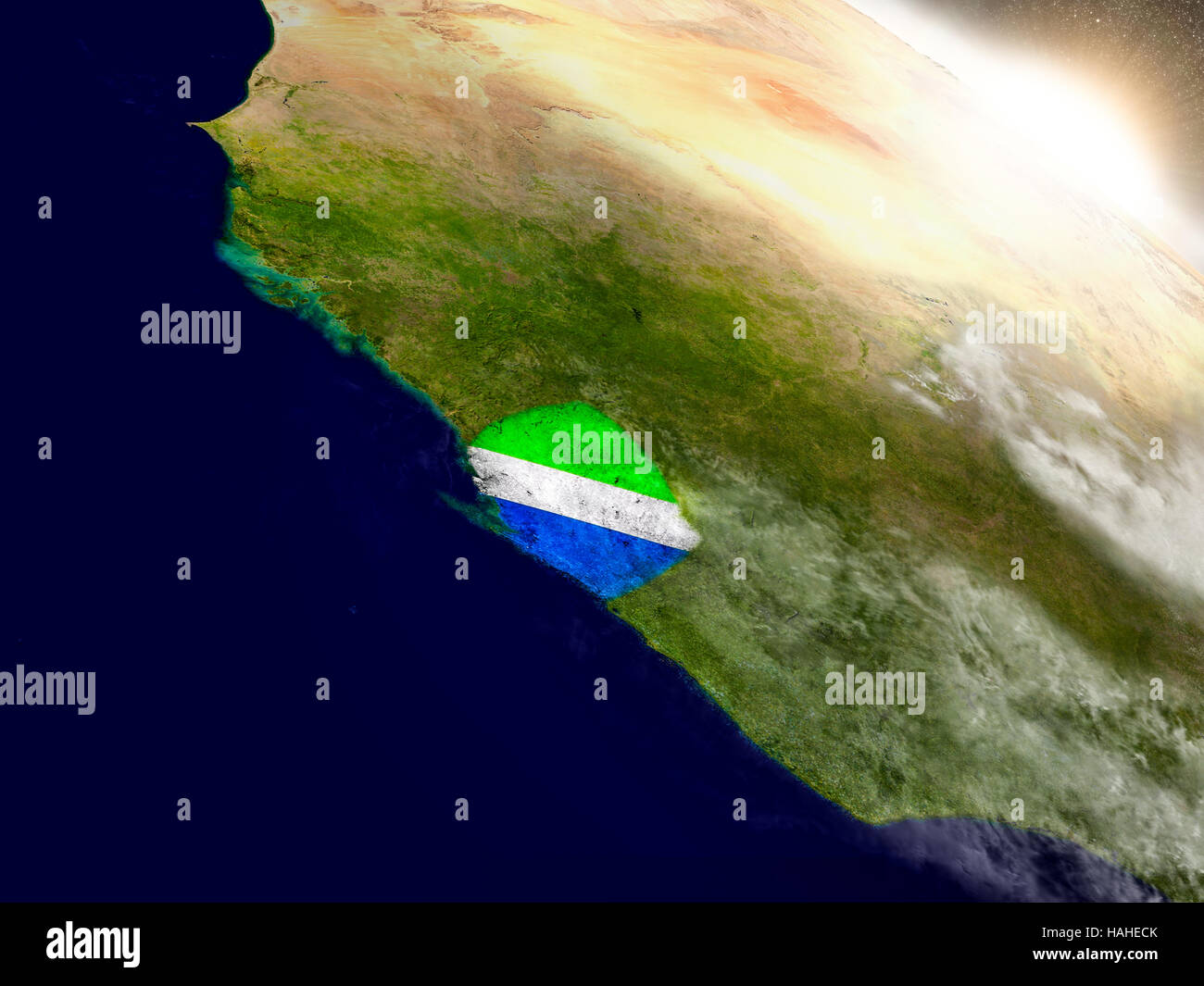 Sierra Leone with embedded flag on planet surface during sunrise. 3D ...