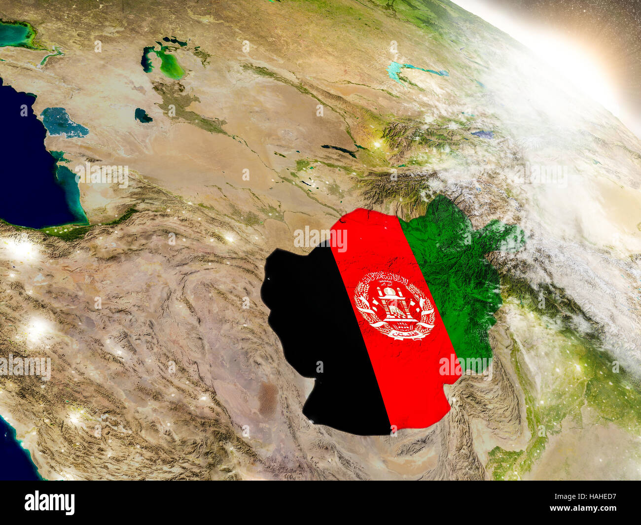 Afghanistan with embedded flag on planet surface during sunrise. 3D ...