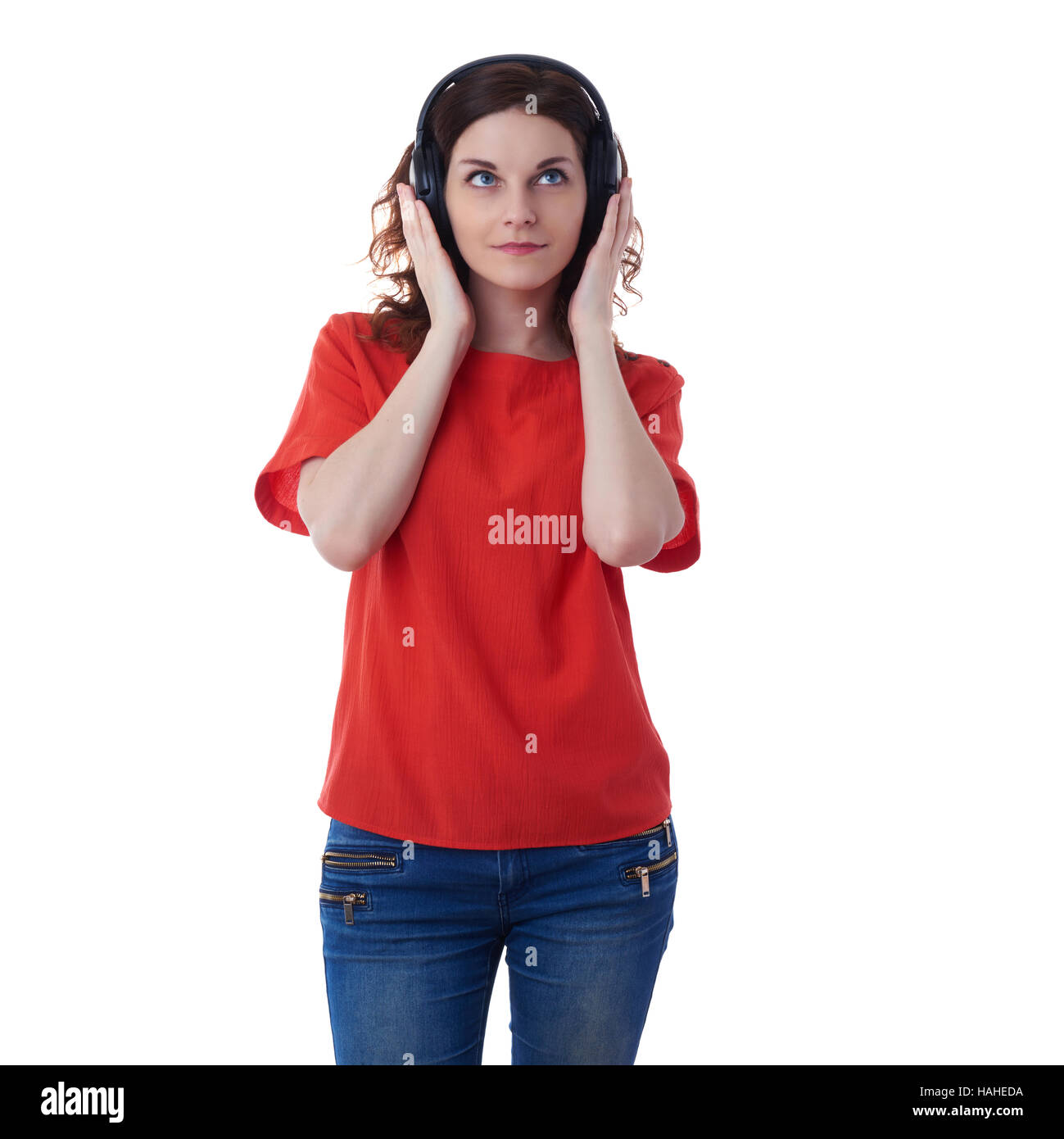 Smiling young woman over white isolated background Stock Photo - Alamy