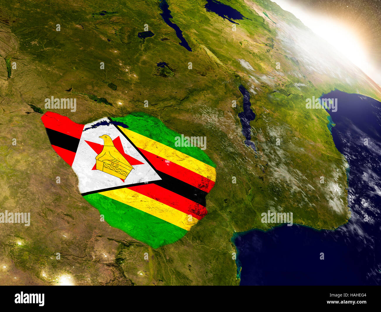 Zimbabwe with embedded flag on planet surface during sunrise. 3D ...