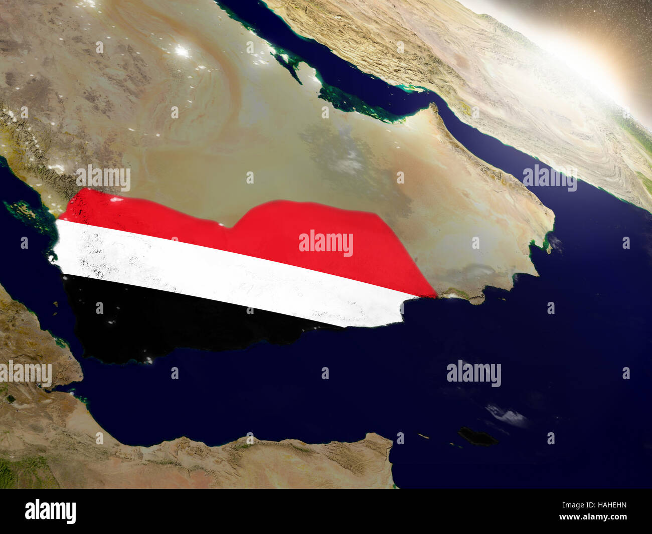 Yemen with embedded flag on planet surface during sunrise. 3D ...