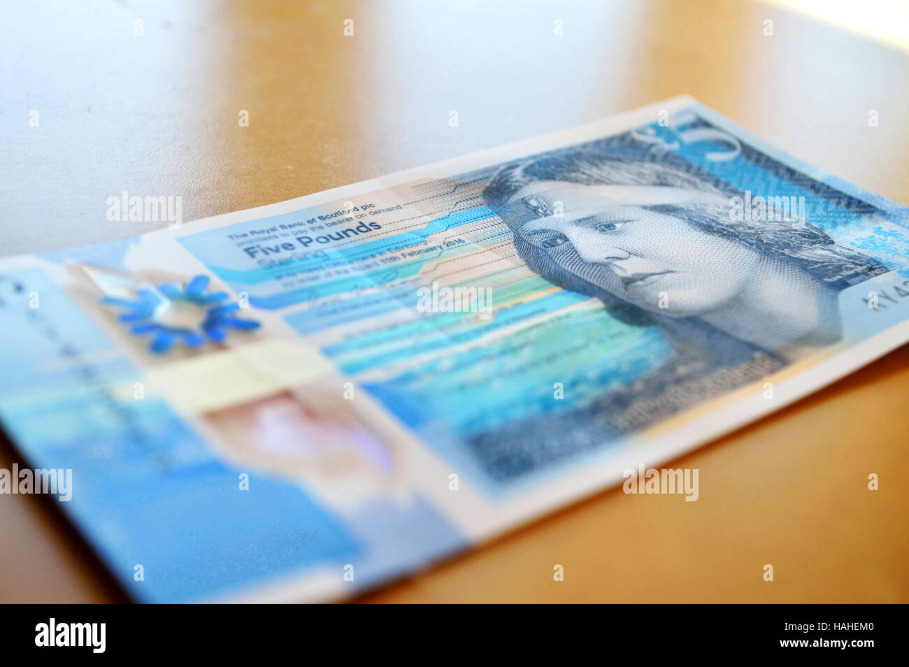 Front of a new Scottish Royal Bank of Scotland £5 bank note Stock Photo