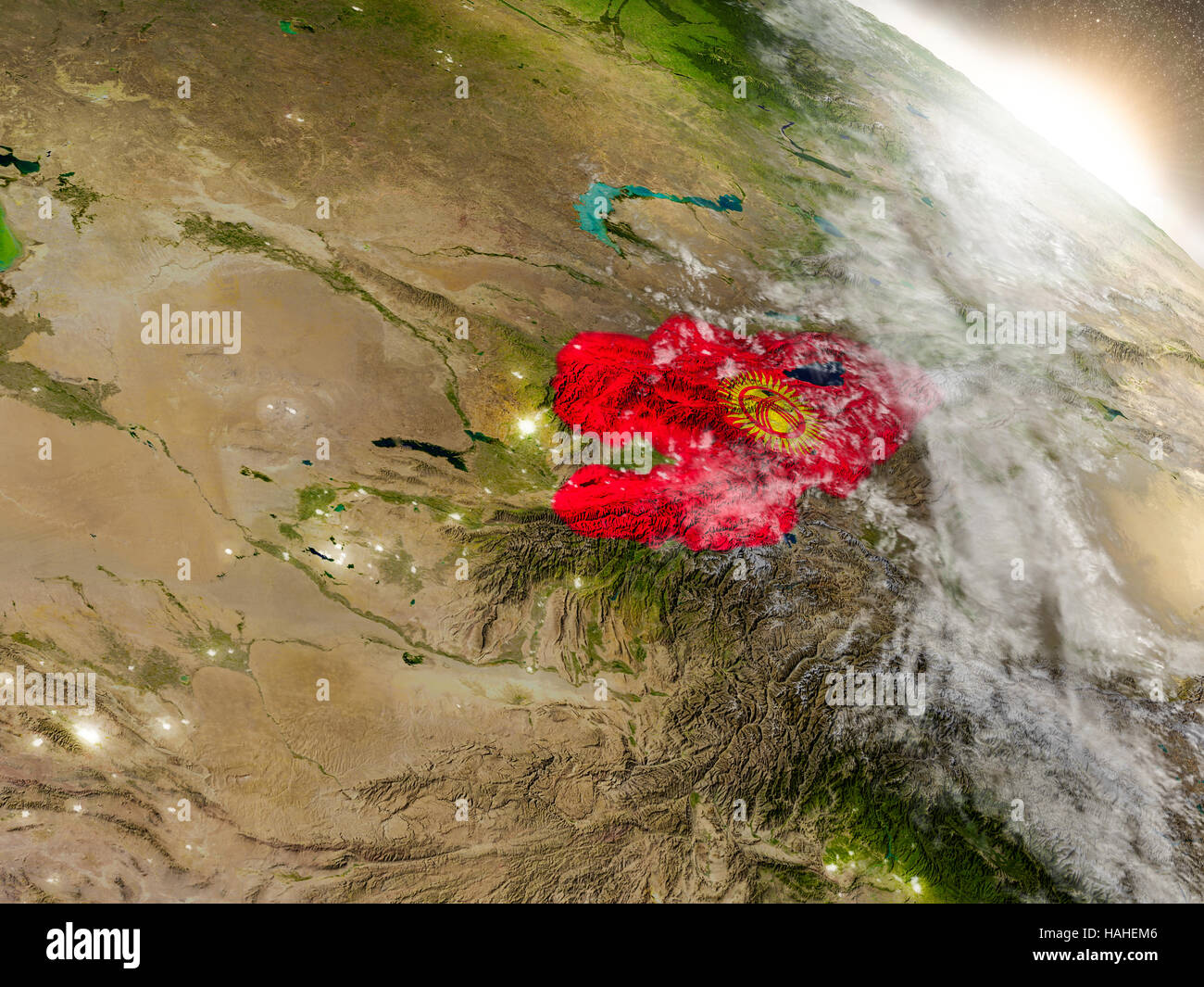 Kyrgyzstan with embedded flag on planet surface during sunrise. 3D ...