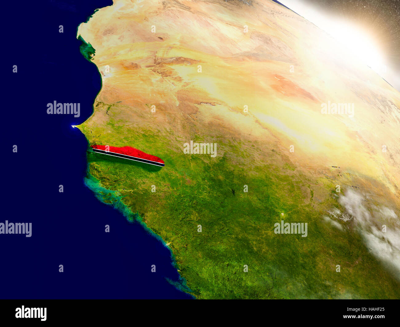 Gambia with embedded flag on planet surface during sunrise. 3D ...