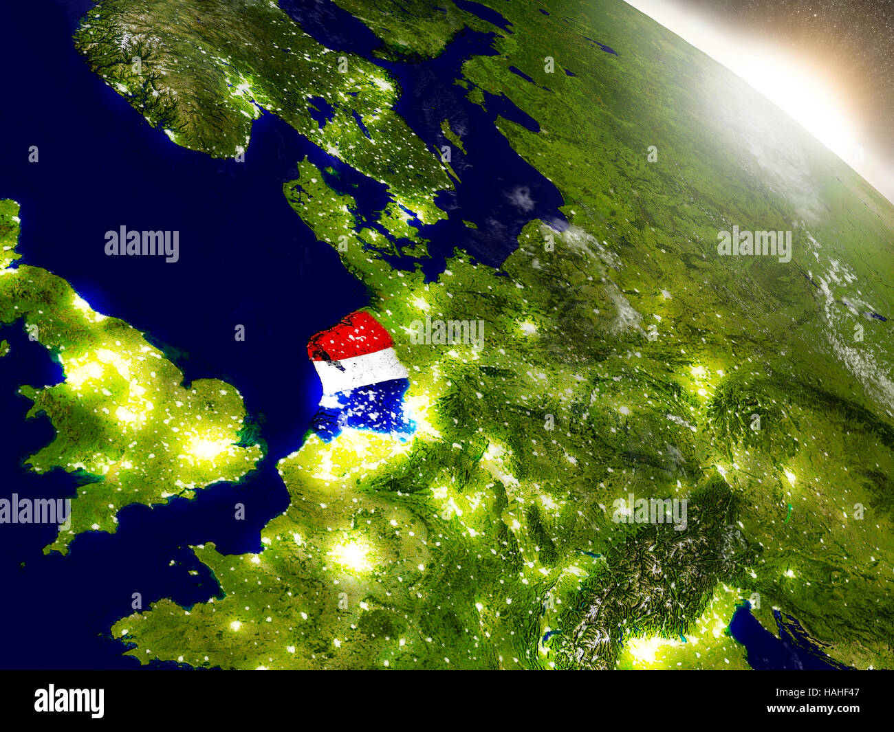 Netherlands with embedded flag on planet surface during sunrise. 3D ...