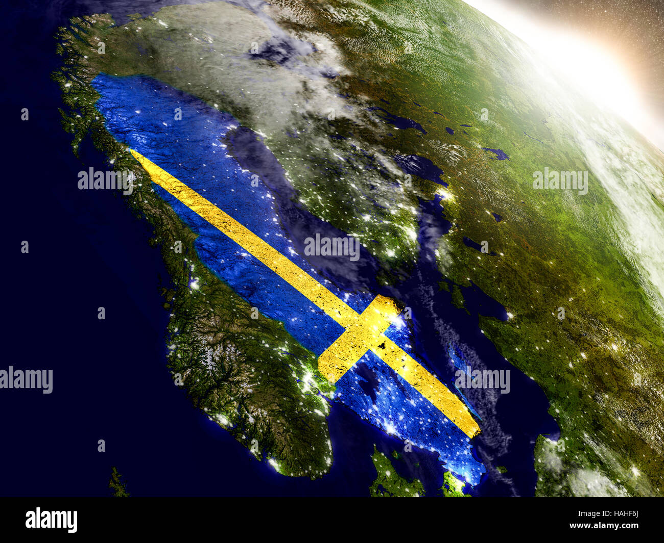 Sweden with embedded flag on planet surface during sunrise. 3D ...