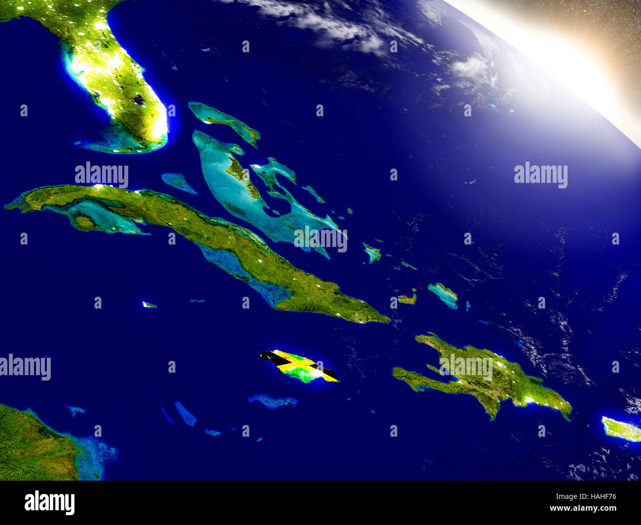 Jamaica with embedded flag on planet surface during sunrise. 3D ...