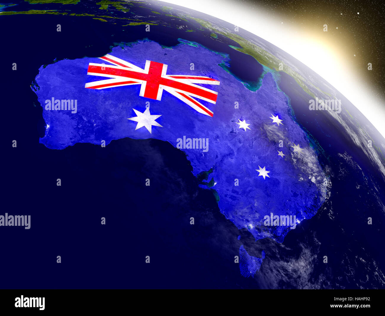 Australia with embedded flag on planet surface during sunrise. 3D ...