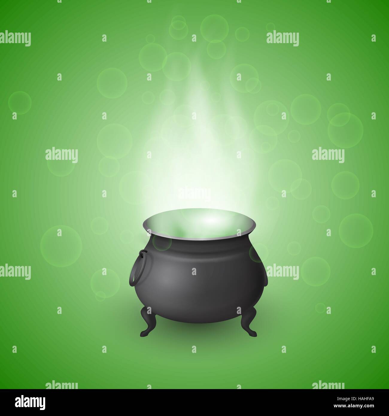 Cartoon Halloween witch cauldron with potion and realistic flames on green background with bubbles. Black pot with bubbling magic brew. Vector illustration. Stock Vector