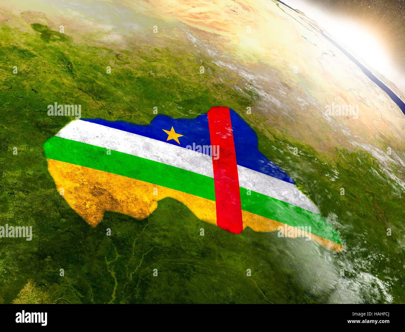Central Africa with embedded flag on planet surface during sunrise. 3D ...