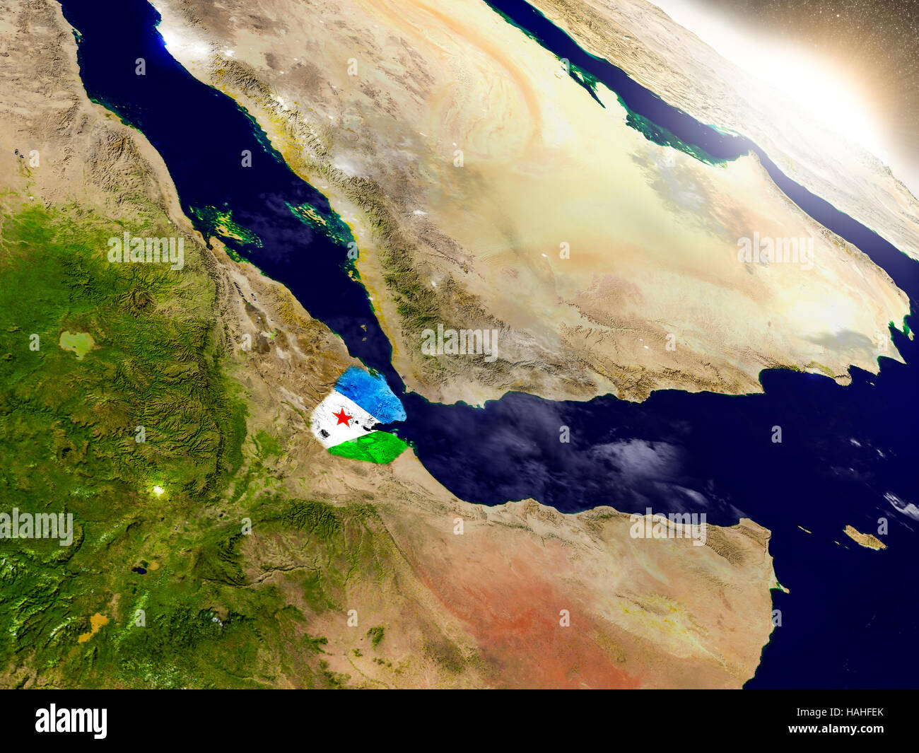 Djibouti with embedded flag on planet surface during sunrise. 3D ...