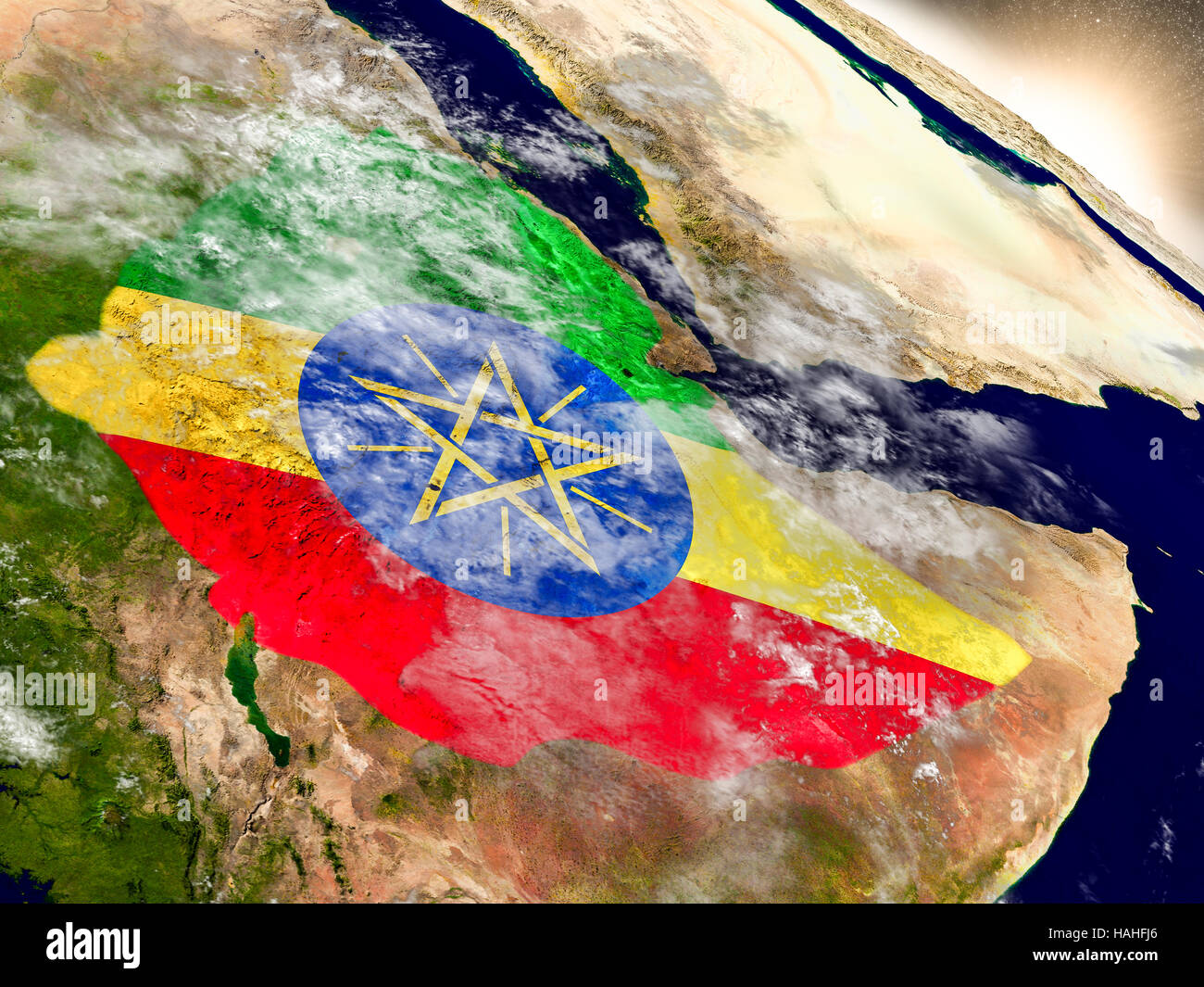 Ethiopia with embedded flag on planet surface during sunrise. 3D ...