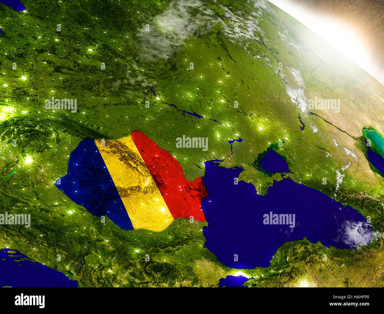 Romania with embedded flag on planet surface during sunrise. 3D ...
