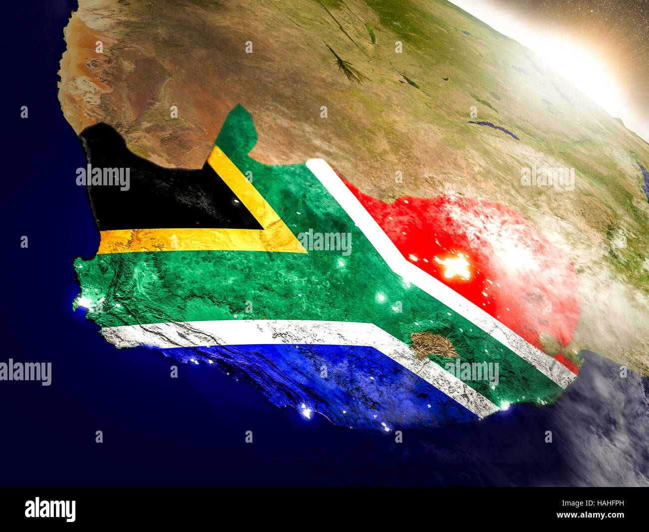 South Africa with embedded flag on planet surface during sunrise. 3D ...