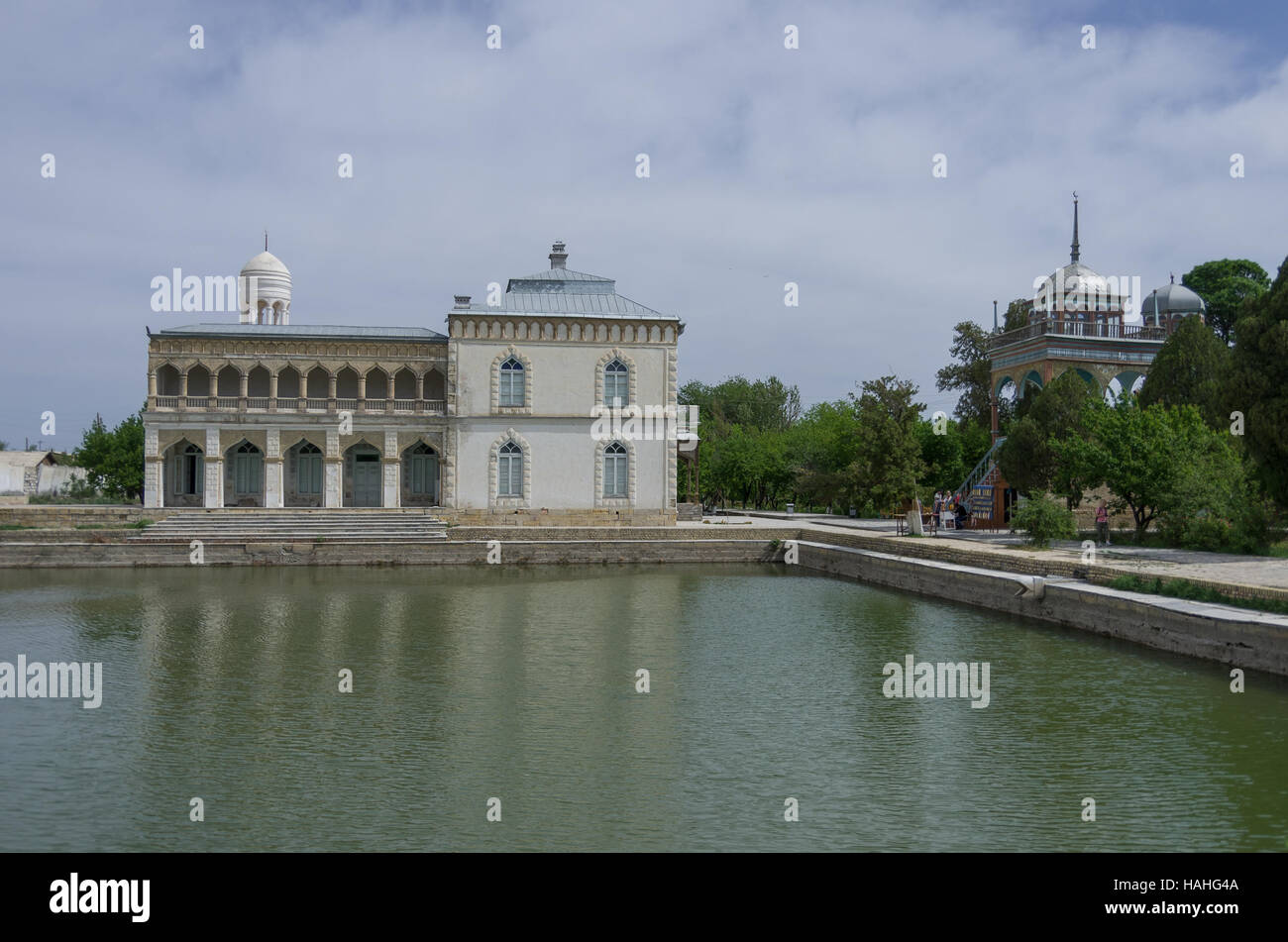 The harem of Sitorai Mokhi-Khosa Palace overlooks the pool, Bukhara, Uzbekistan Stock Photo