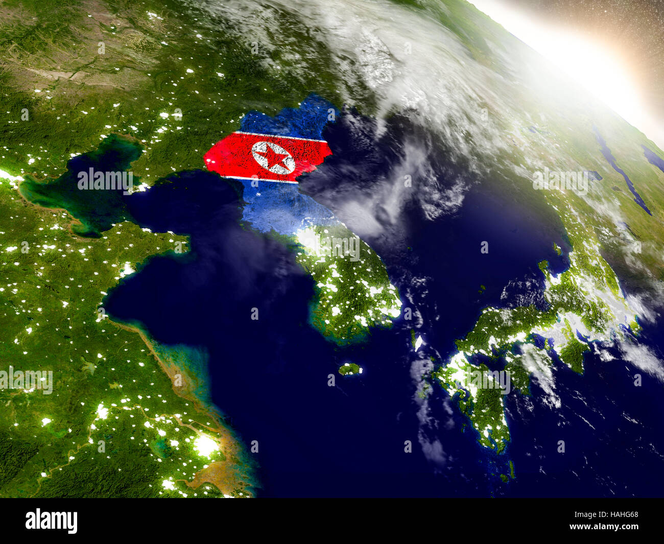 North Korea with embedded flag on planet surface during sunrise. 3D ...