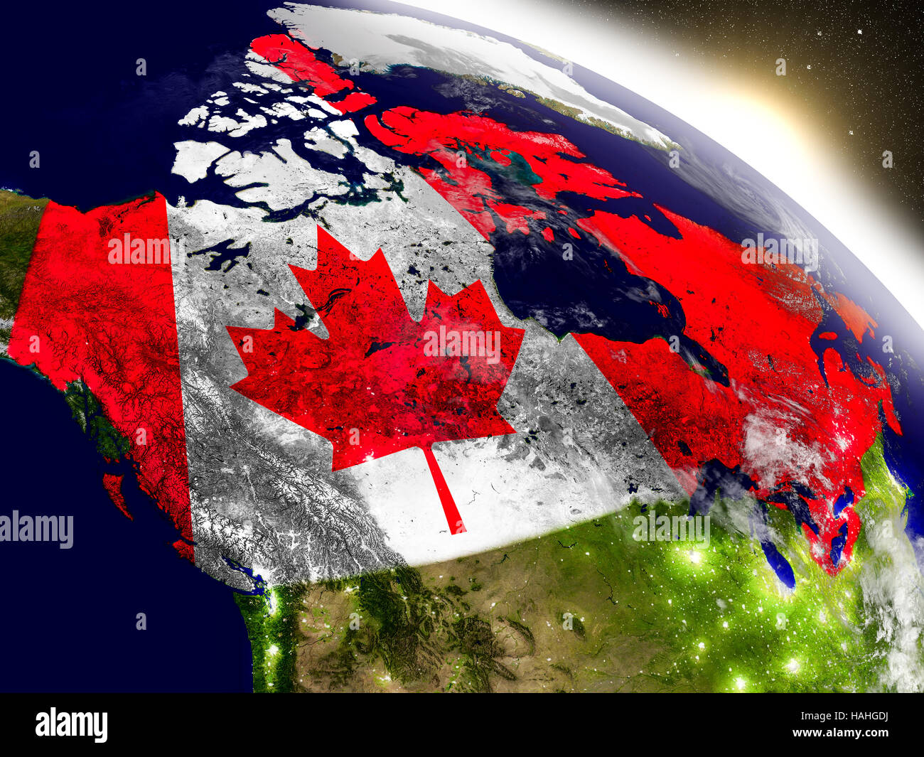 Canada with embedded flag on planet surface during sunrise. 3D ...