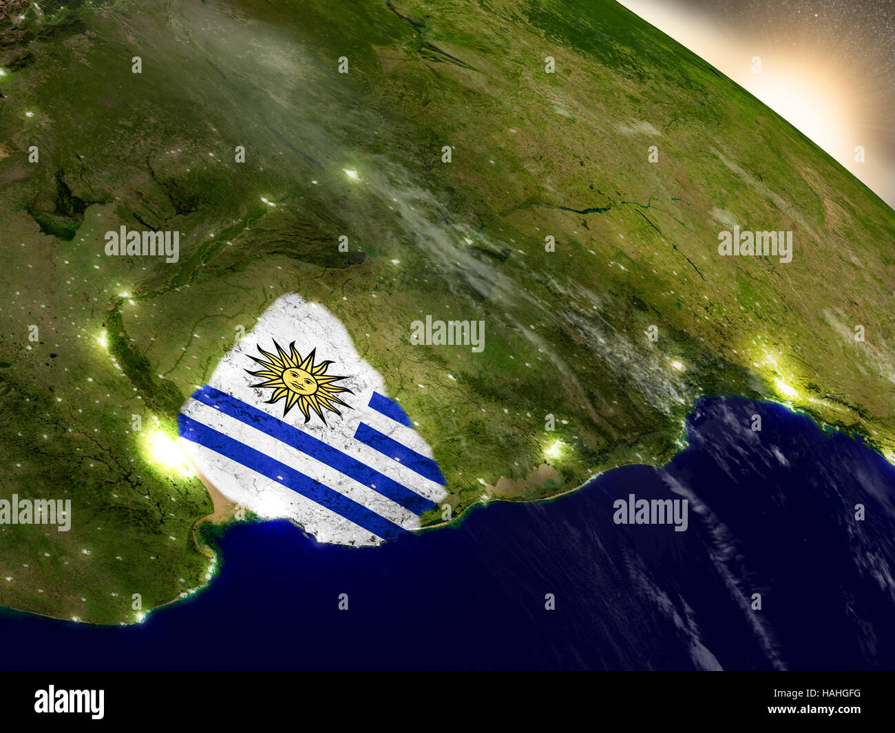 Uruguay with embedded flag on planet surface during sunrise. 3D ...