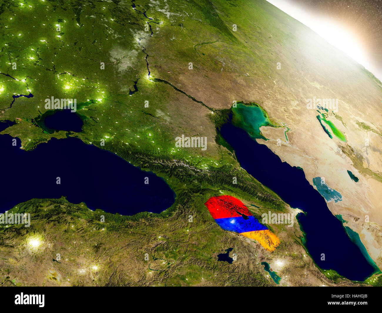 Armenia with embedded flag on planet surface during sunrise. 3D ...