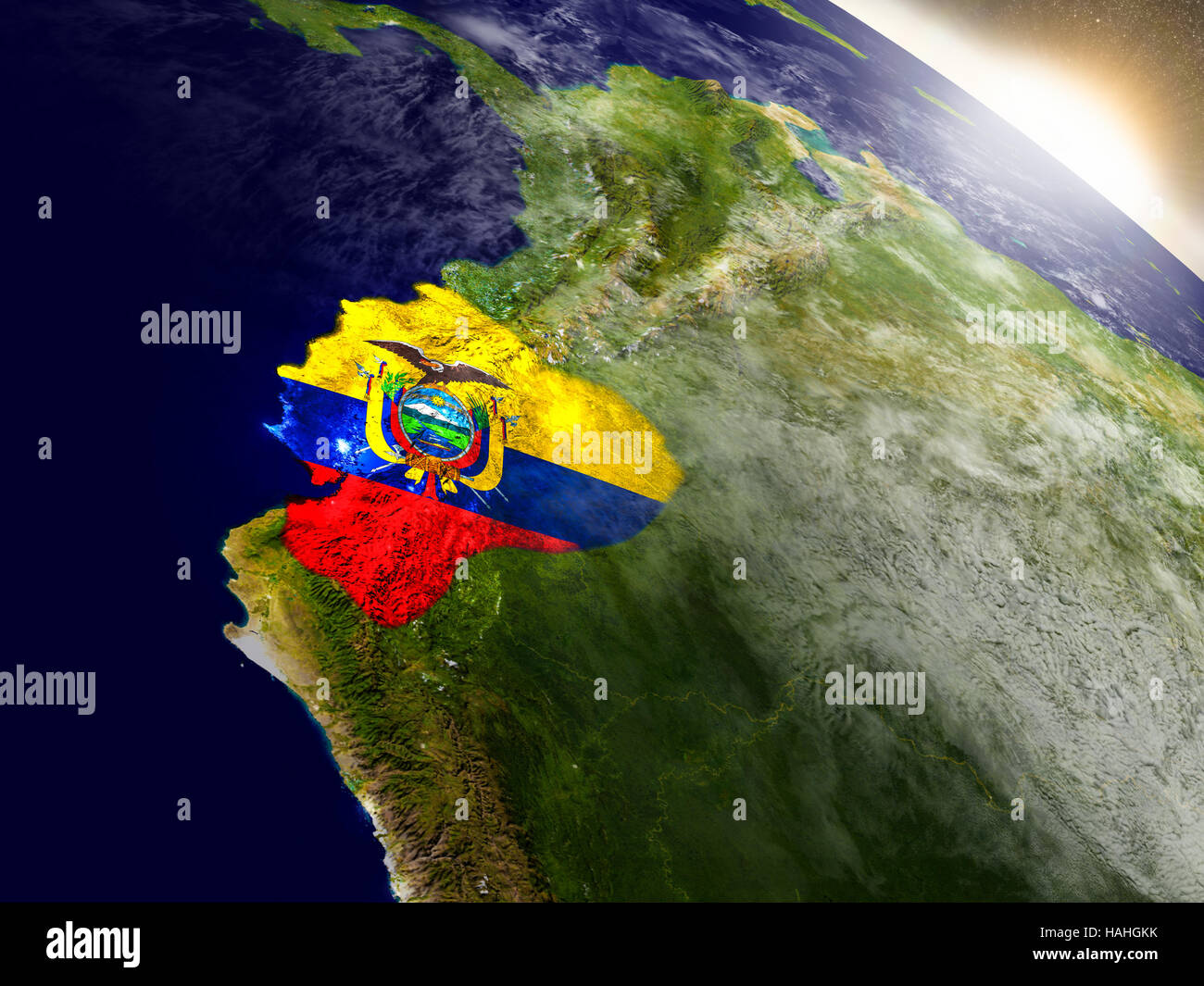 Ecuador with embedded flag on planet surface during sunrise. 3D ...