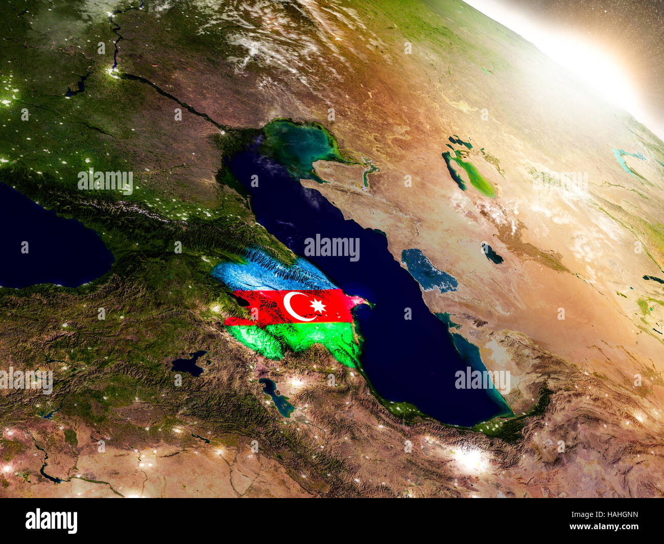 Azerbaijan with embedded flag on planet surface during sunrise. 3D ...