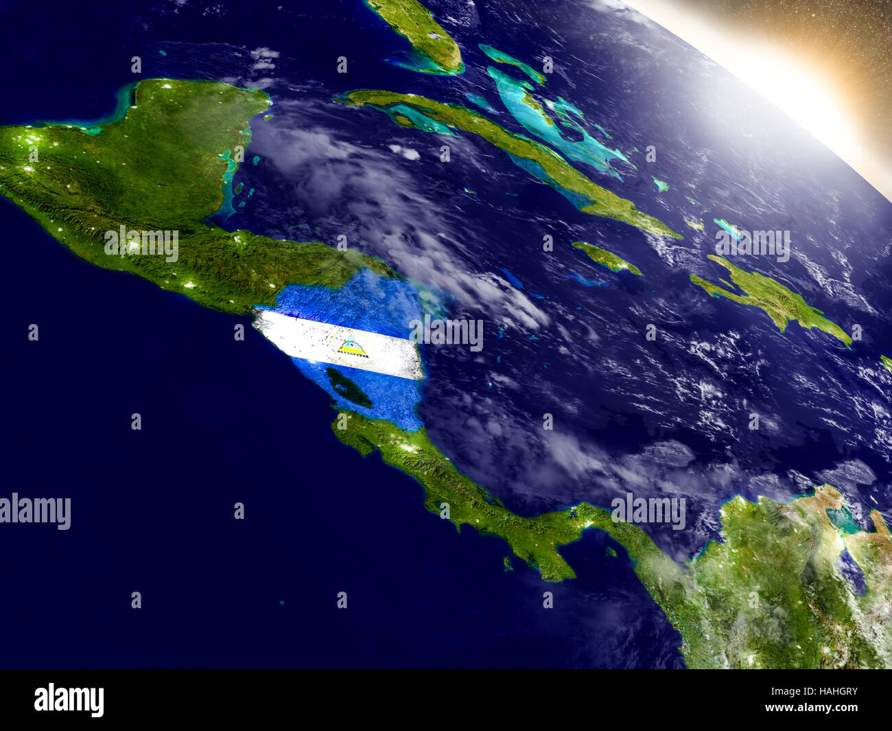 Nicaragua with embedded flag on planet surface during sunrise. 3D ...