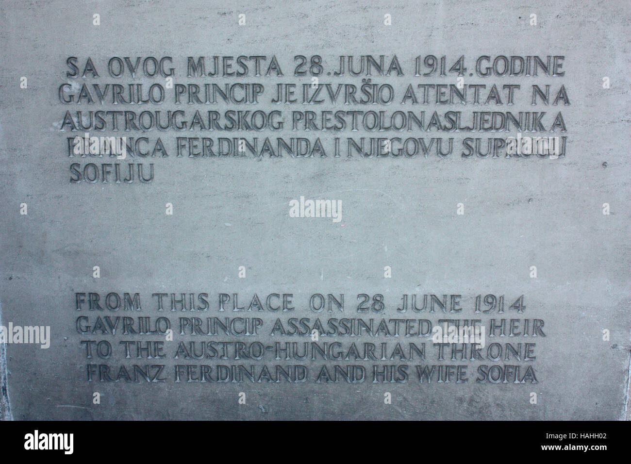 The stone marking the place where Gavrilo Princip shot Franz Ferdinand in June 1914 to precipitate World War I Stock Photo