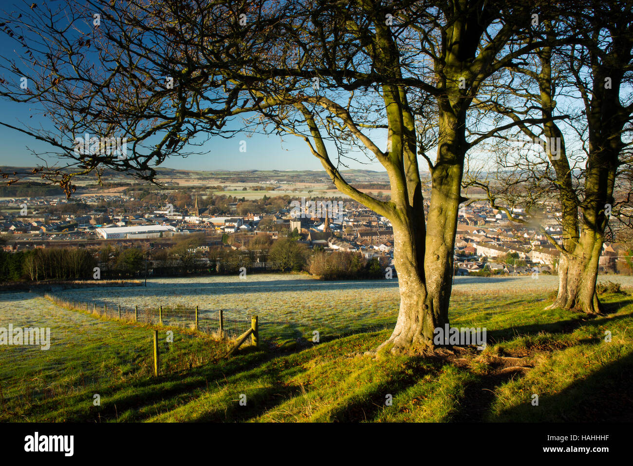 A frosty winters morning looking down on the town of Lockerbie from Mounthoolie, Dumfries and Galloway, Scotland, UK Stock Photo