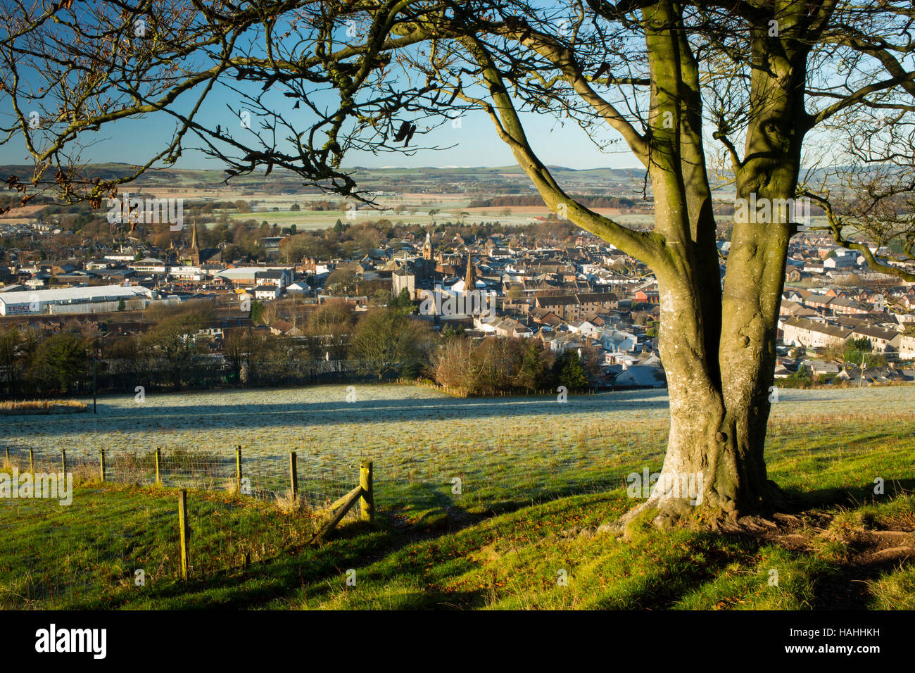 A frosty winters morning looking down on the town of Lockerbie from Mounthoolie, Dumfries and Galloway, Scotland, UK Stock Photo
