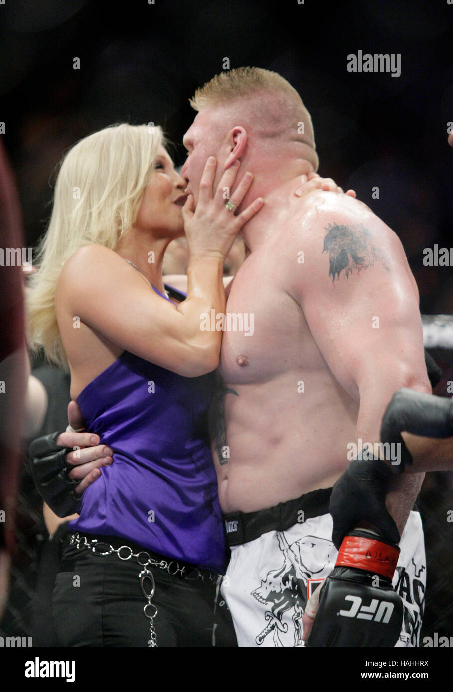 Brock Lesnar is kissed by his wife, Sable, after his victory over Frank Mir at UFC 100 at the Mandalay Bay Events Center on July 11, 2009 in Las Vegas, Nevada. Francis Specker Stock Photo